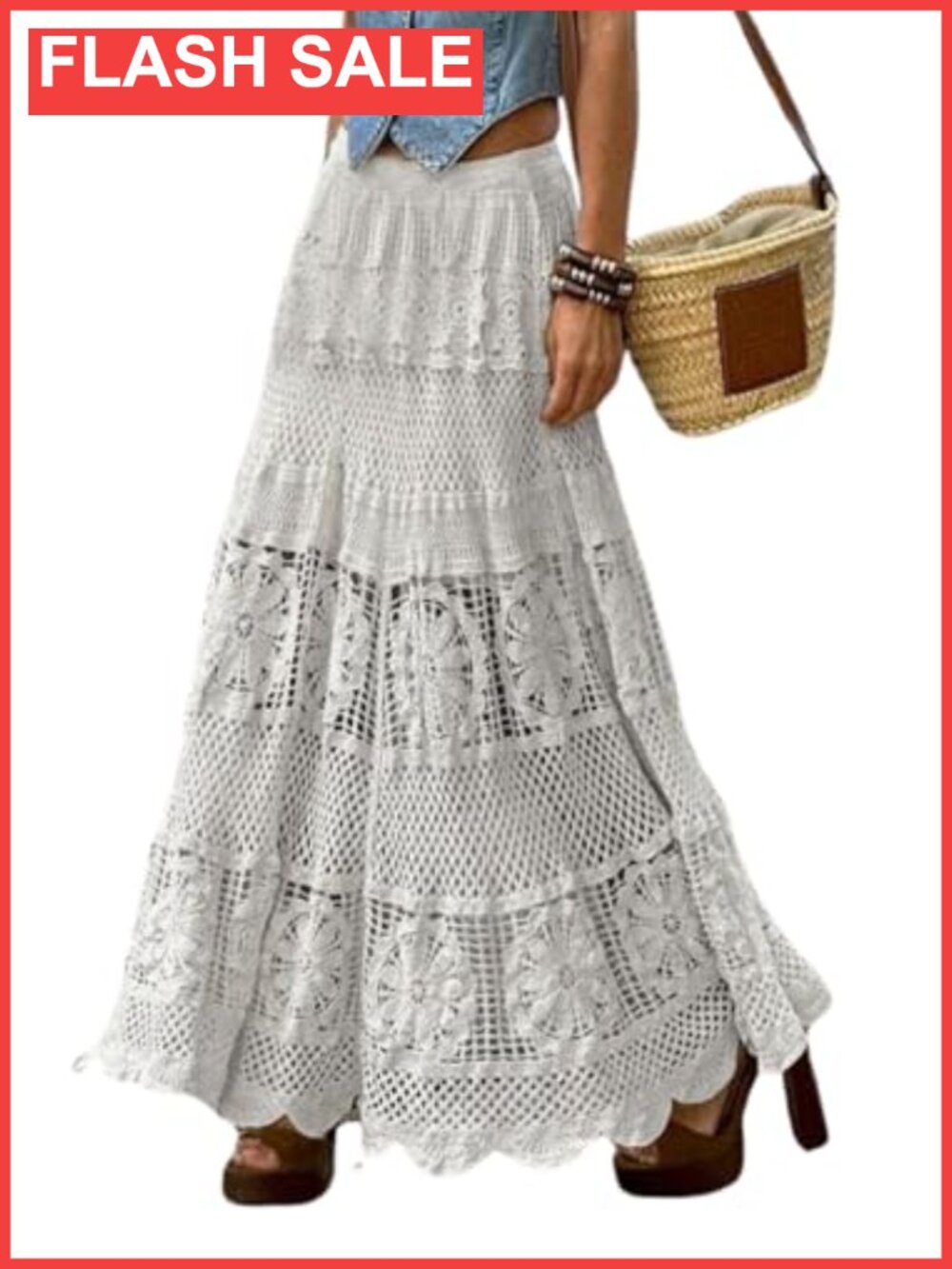 Women's Floral Lace Crochet Maxi Boho A-Line Eyelet Hippie Flowy Long Skirt